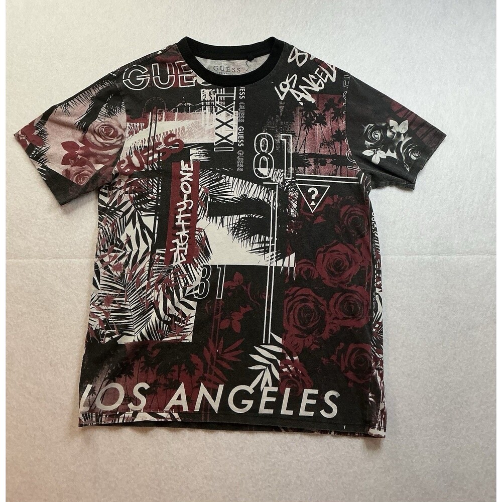 Guess Los Angeles Graphic Print T-Shirt Mens Small Black Red Palm Rose Tee